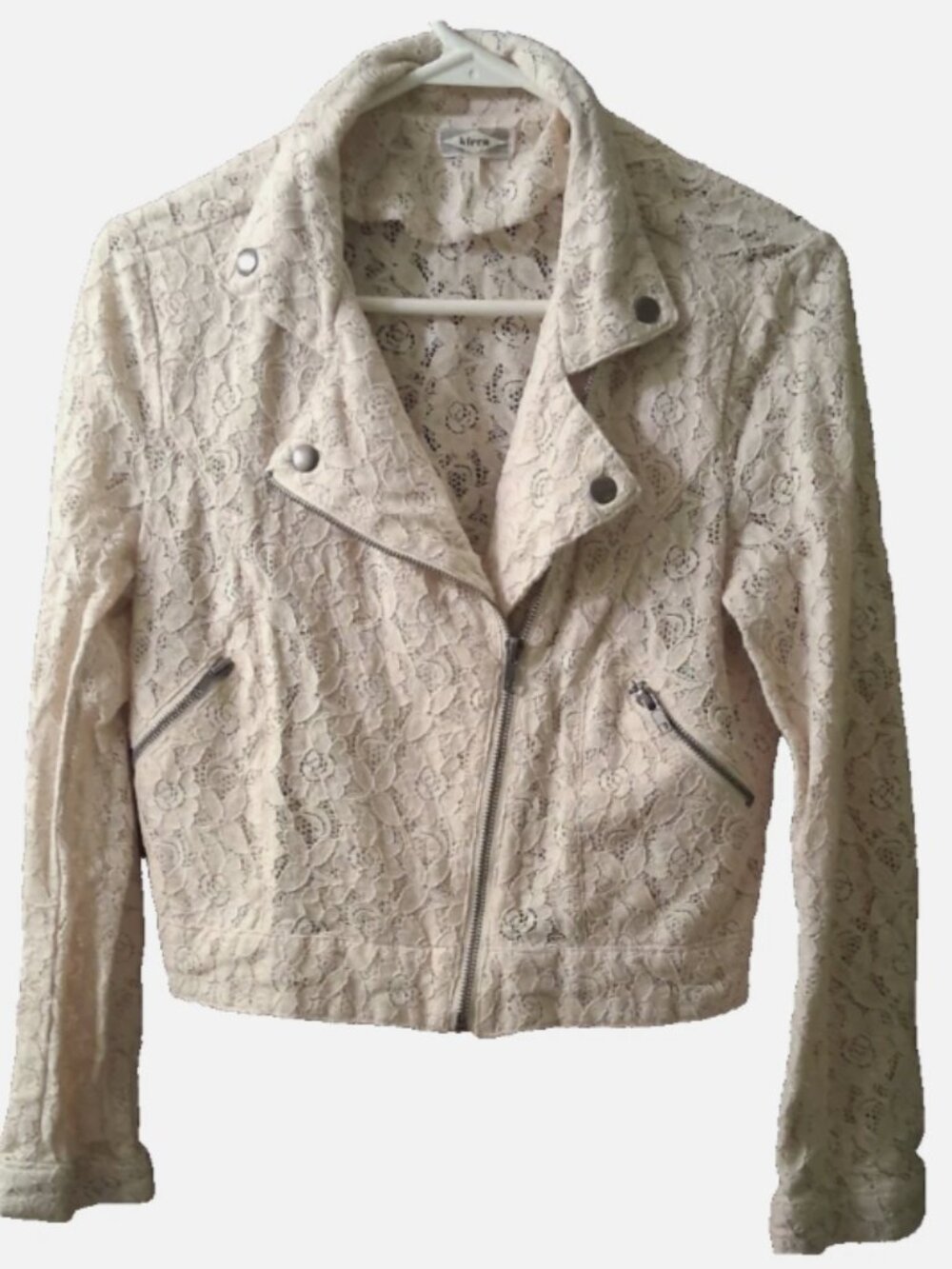 Kirra Women's Size Large White Lace Overlay Long Sleeve Crop Pockets Moto Jacket